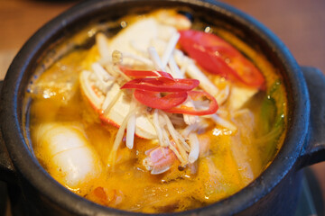 Korean Spicy Seafood Soup close up. Traditional food in Korea