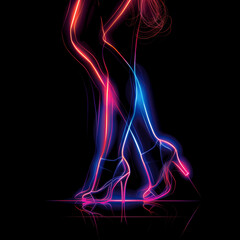 Obraz premium Color simple vector graphic of neon woman's legs in shoes, isolated on black background.