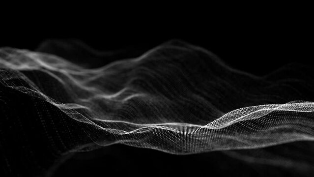 Futuristic moving wave. Digital dark background with moving particles. Big data visualization. 3d rendering