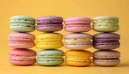 Fototapeta premium Colorful French macarons stacked in rows against a yellow background, showcasing their vibrant and pastel hues, perfect for dessert lovers.