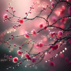 Spring Awakening: Dew-Kissed Pink Blossoms on Delicate Branches Against Soft Bokeh Background