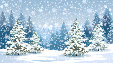 Obraz premium Winter landscape with white pine trees on snow vector image