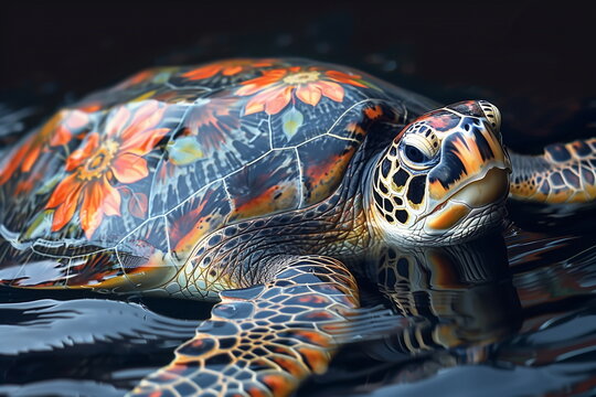 a sea turtle with flower pattern shell