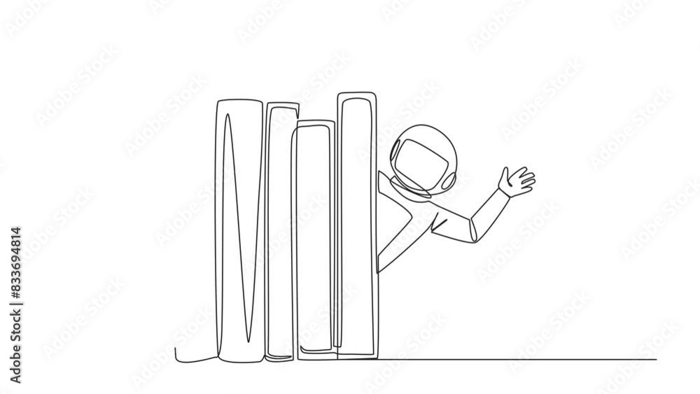 Poster animated self drawing of continuous line drawing astronaut appears from behind a row of books. invit