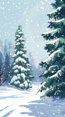 Obraz premium Winter landscape with white pine trees on snow vector image
