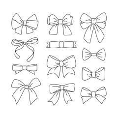 Bows. Collection. Set. Vector black and white illustration.