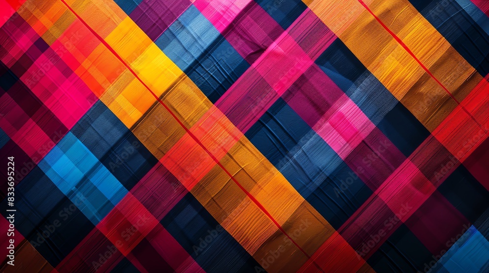 Poster vibrant geometric pattern with intersecting colorful lines creating a dynamic abstract background. p