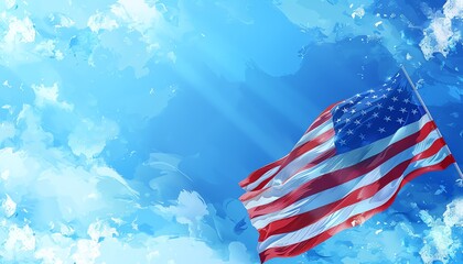 Vibrant image of the American flag waving against a bright blue sky with fluffy clouds, symbolizing patriotism and freedom.