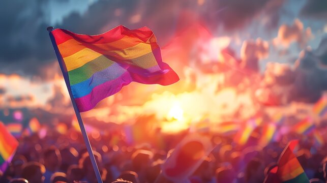 Vibrant LGBTQ+ pride flags wave in the sunset, symbolizing unity, love, and diversity during a celebratory gathering.