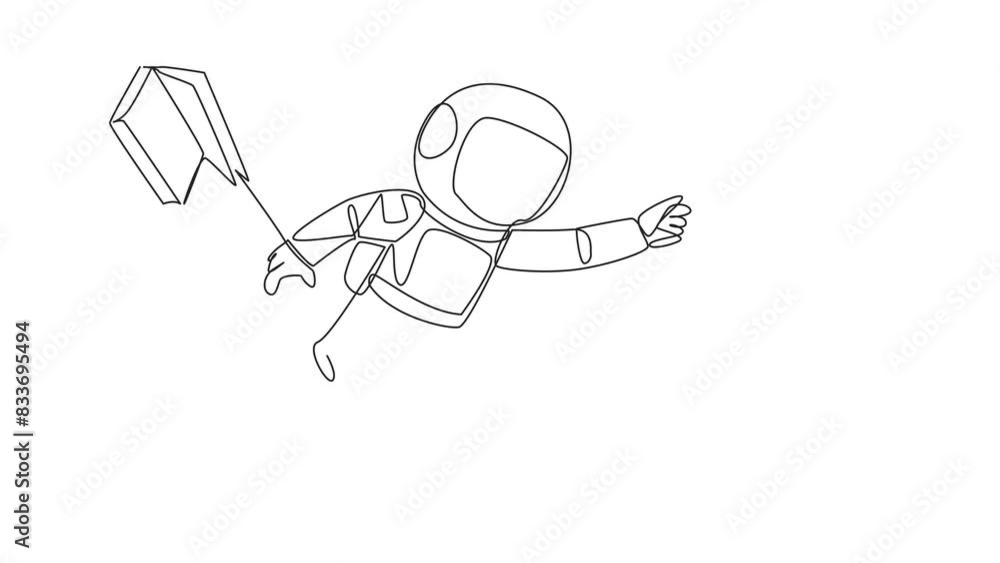 Poster self drawing animation of continuous line drawing astronauts floating in space trying to pick up boo