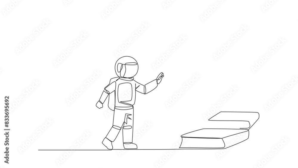 Poster animation of continuous line drawing astronaut climb stairs from the book stack. towards wide open d