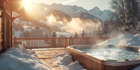 Hot jacuzzi on the chalet veranda among the winter mountains.