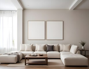 Frame mockup, ISO A paper size. Living room poster mockup. Modern interior design. Living room Interior mockup with house background. 3D render