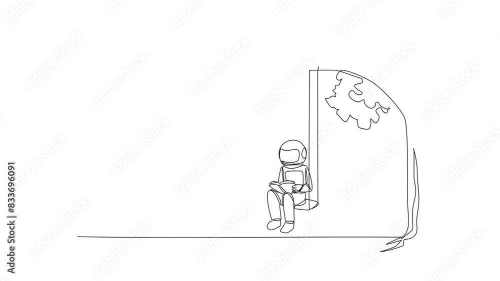 Poster animation of single line drawing astronaut sitting on a swing attached to a tree shady reading a boo