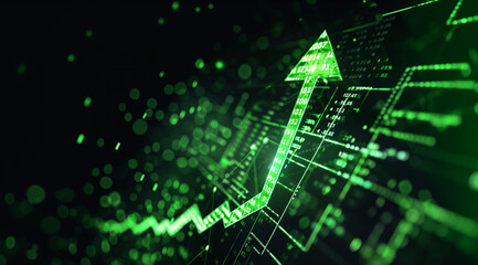 Obraz premium A green arrow pointing upwards symbolizes an upward stock market trend. The background shows charts. The movement in the direction of the arrows indicates growth.