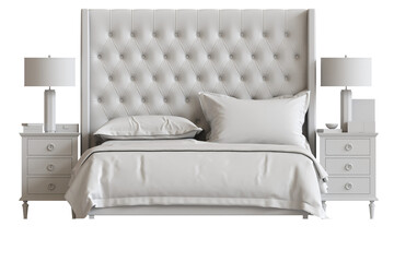 
big comfortable bed isolated on transparent background, home furniture, illustration, 3d rendering