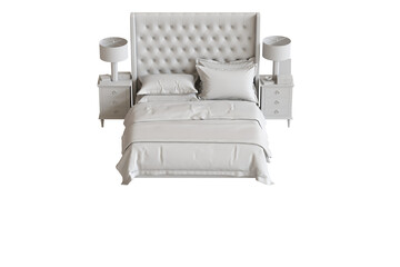 
big comfortable bed isolated on transparent background, home furniture, illustration, 3d rendering