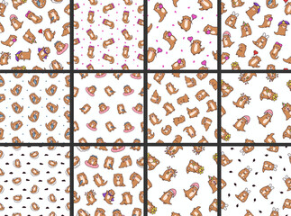 Cute cartoon kawaii otter. Seamless pattern. Animal funny characters. Hand drawn style. Vector drawing. Collection of design ornaments.