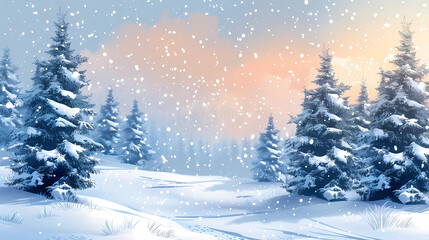 Naklejka premium Winter landscape with white pine trees on snow vector image