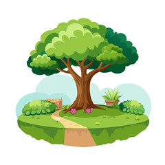 Tree with a path in the garden, isolated on a white background. Illustration. Vector element for design.