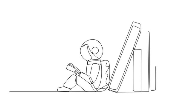 Animated self drawing of continuous line drawing astronaut reading sitting leaning against pile of books. Habit of reading book every day. Book festival. Full length single line animation illustration