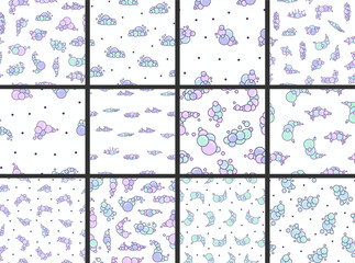Soap foam set with bubbles. Seamless pattern. Suds of bath, shampoo, shaving, mousse. Cloudy frame and corner. Hand drawn style. Vector drawing. Collection of design ornaments.