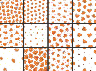 Cute kawaii squirrel. Seamless pattern. Funny forest wild cartoon animal characters. Hand drawn style. Vector drawing. Collection of design ornaments.