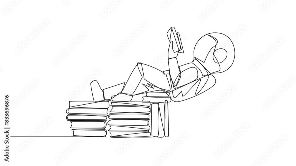 Poster animation of one line drawing astronaut lying down on a stack of books lined up. relax while reading