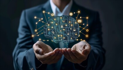 A man is holding a brain with a lot of technology on it by AI generated image