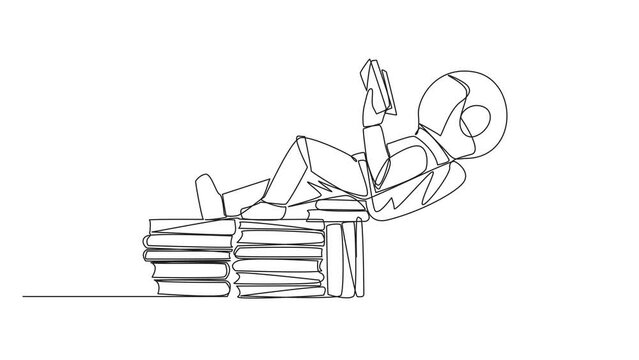 Animation of one line drawing astronaut lying down on a stack of books lined up. Relax while reading the fiction book. Book festival concept. Continuous line self drawing animated. Full length motion