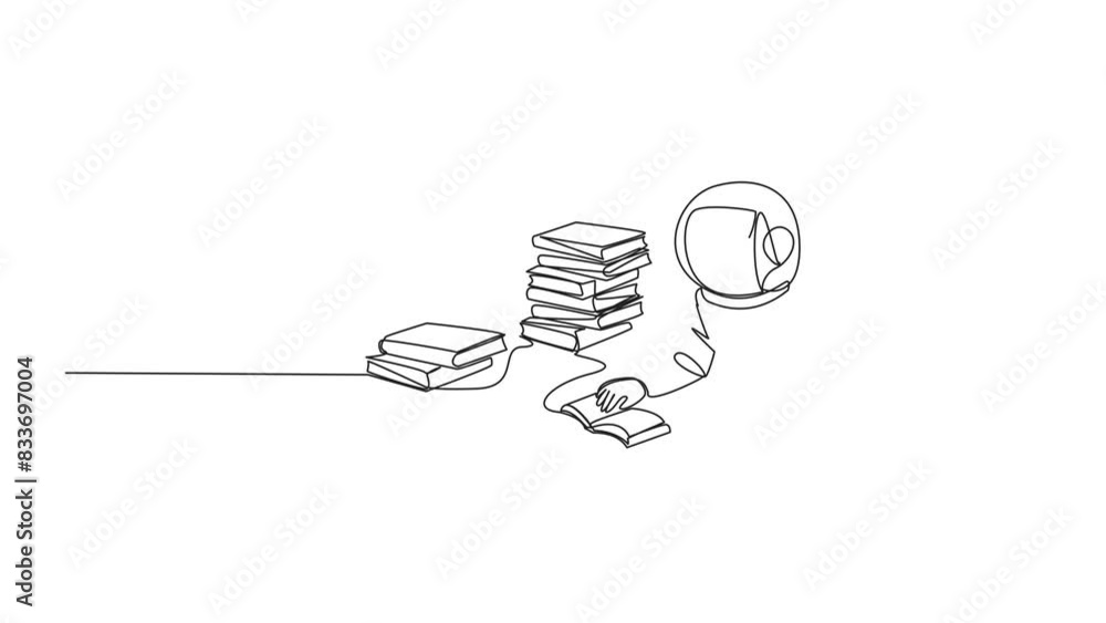 Poster animated self drawing of single line drawing astronaut really likes reading. everyday one book is re