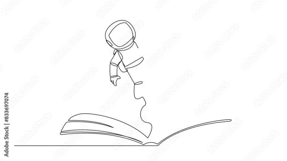 Poster animation of continuous line drawing astronaut hovering over an open book. imagination to be astrona