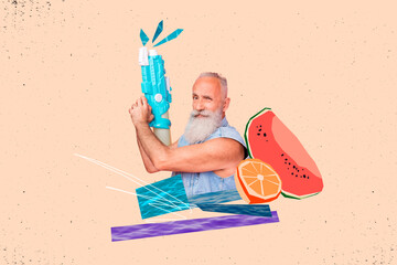 Composite photo collage of cunning old man hold water gun summer game ocean vibes tourism...