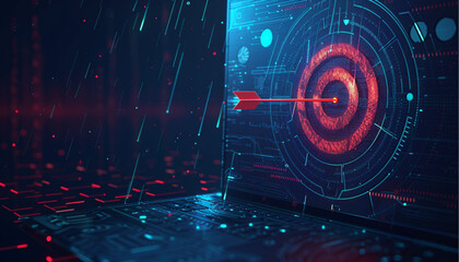 Fototapeta premium isometric target with arrow hit the center on laptop with business data analysis. Target audience and business strategy concept.