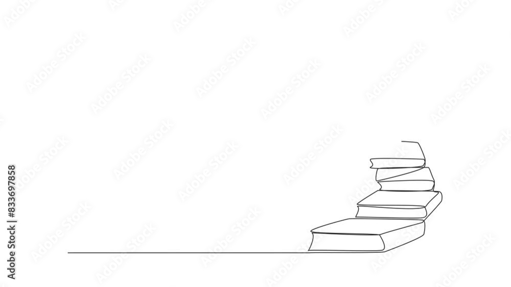 Poster animated self drawing of continuous line drawing stack the books used as steps. reach for open door 
