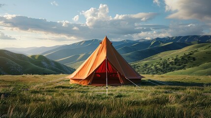 A brown canvas tent stood on a large green lawn. Behind the tent, there is a backdrop of lush green mountains standing tall against the clear blue sky. The scene is quiet and beautiful.