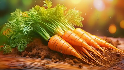 A close-up of freshly dug carrots, their bright orange roots still covered with a dusting 