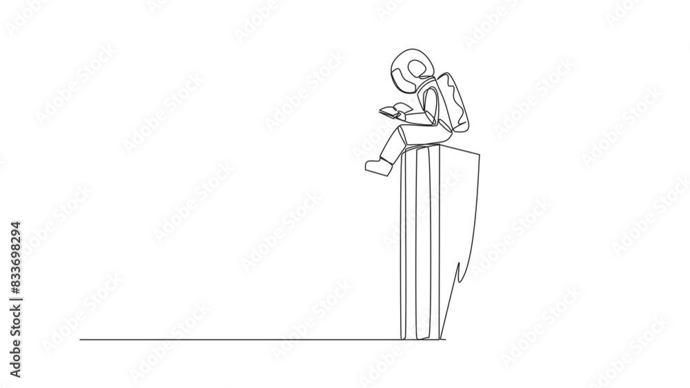 Poster animation of single line drawing young astronaut sitting on a big open book reading a book. focus le