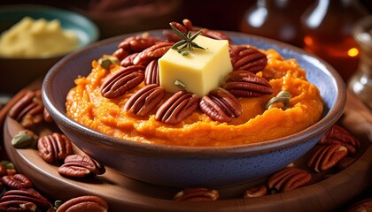  Creamy sweet potato mash with a touch of cinnamon and nutmeg, garnished with a pat of melting