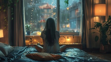 Beautiful Teenager Sitting on Her Bed Watching Rain in Window