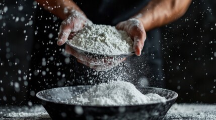 A person is holding a bowl of flour and sprinkling it on a surface