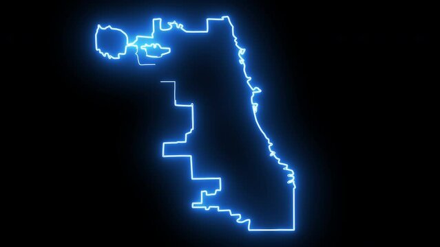 map of Chicago in Illinois with a neon effect that glows blue