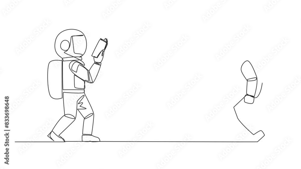 Poster animated self drawing of continuous line drawing two astronauts walking face to face reading books. 