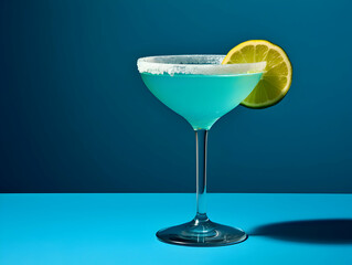 A Glass blue margarita juice, Refreshing and healthy blue margarita juice with ice in a glass with a summer background
