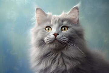 Fototapeta premium Portrait of a happy nebelung cat isolated on soft blue background