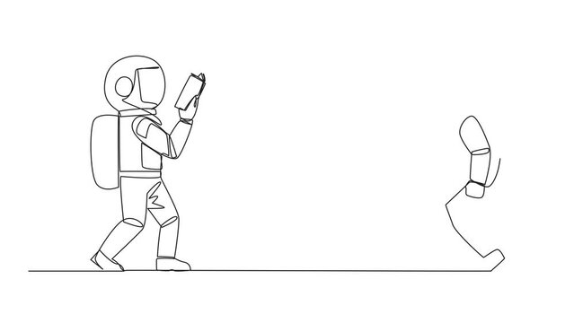Animated self drawing of continuous line drawing two astronauts walking face to face reading books. Gesture of memorizing something from a book. Addicted to reading. Full length single line animation