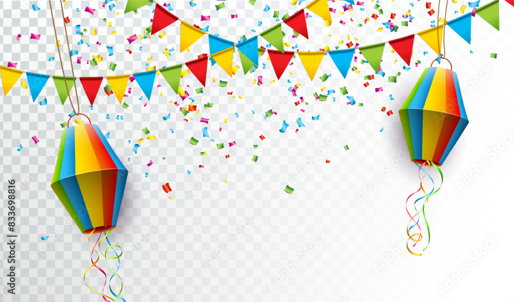 Poster festa junina design with colorful party flags and paper lantern on transparency background. vector b