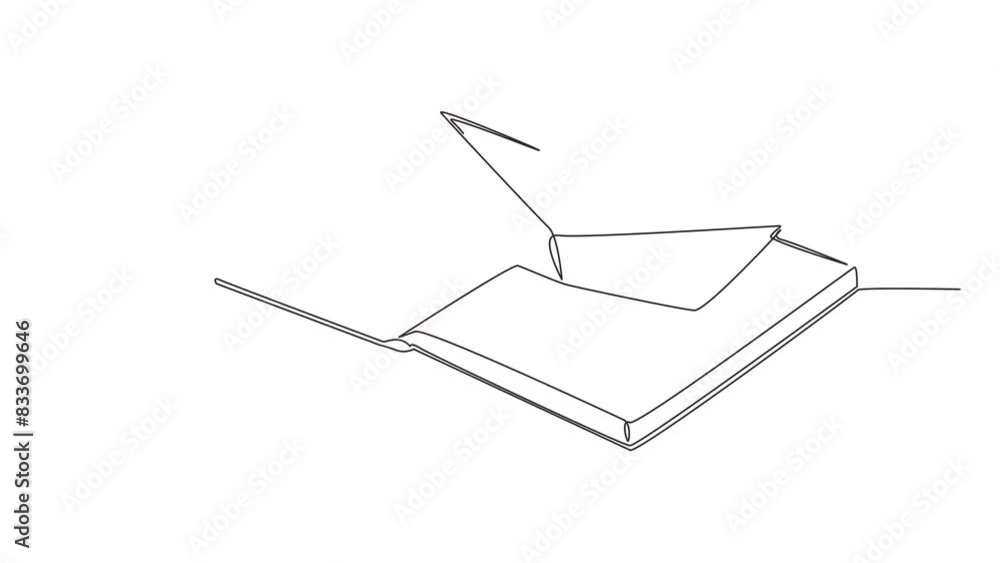 Poster animated self drawing of continuous one line drawing paper boat on top of an open book. metaphor of 