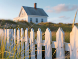 A white house with a white picket fence in front of it. The fence is tall and has a lot of grass around it. The house is on a hill and the sky is blue
