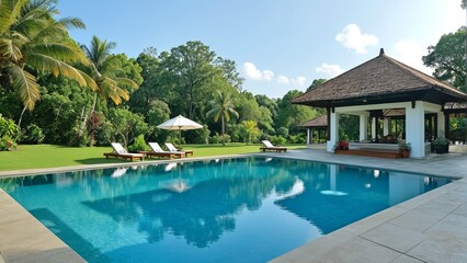 house with a swimming pool with sun loungers among palm trees with a tiled roof and white walls